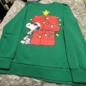 Peanuts Green Crewneck Sweater with Snoopy and Red Doghouse